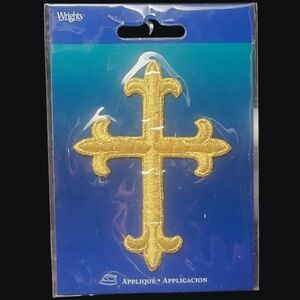 NIP - WRIGHTS GOLD EMBROIDERED IRON ON CROSS APPLIQUE